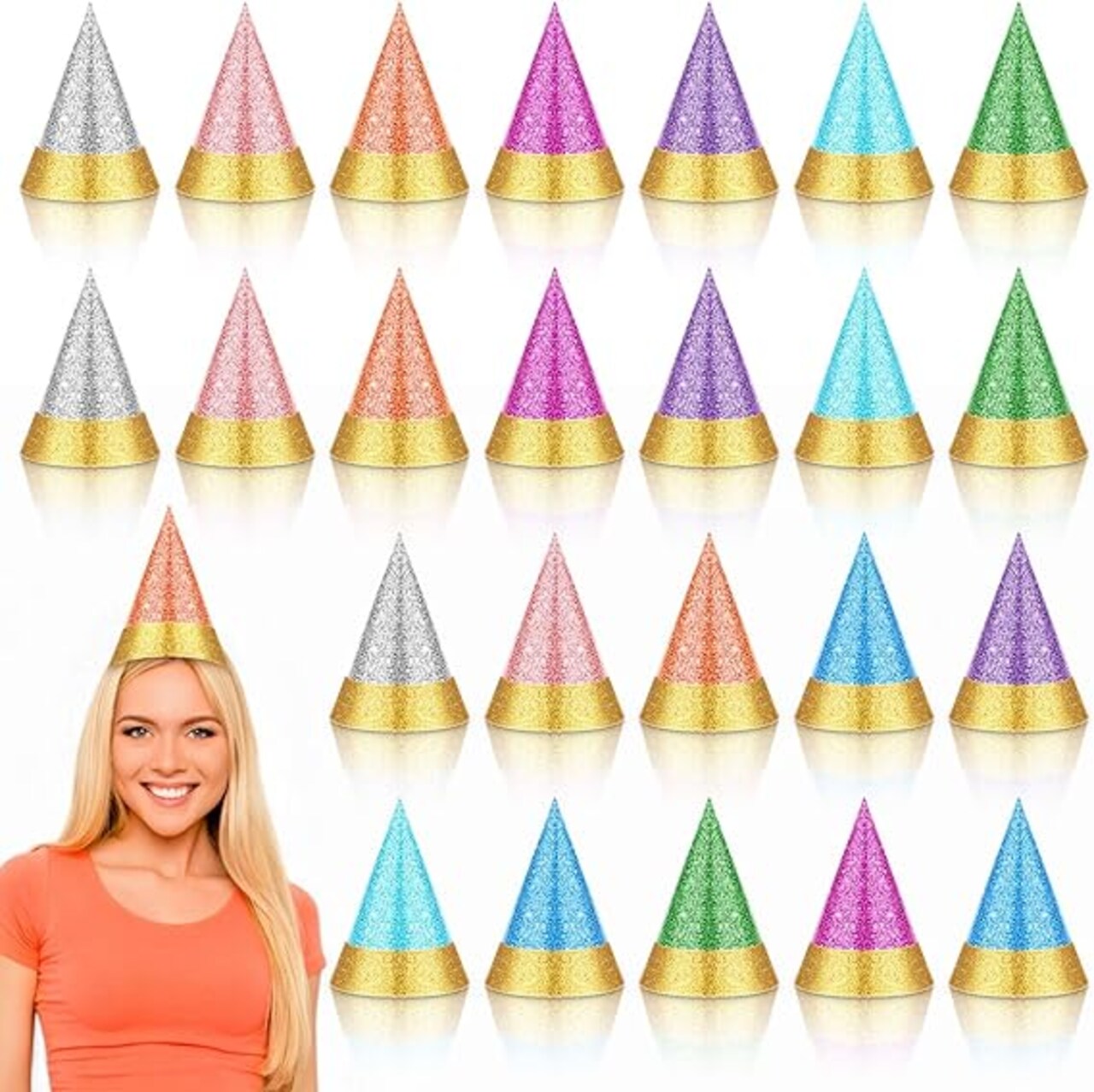 24 Pcs Colorful Party Hats for Adults Glitter Birthday Colorful Reusable Celebration Paper Hats for Birthday, Tea Party, Wedding, Jamboree, Photo Props